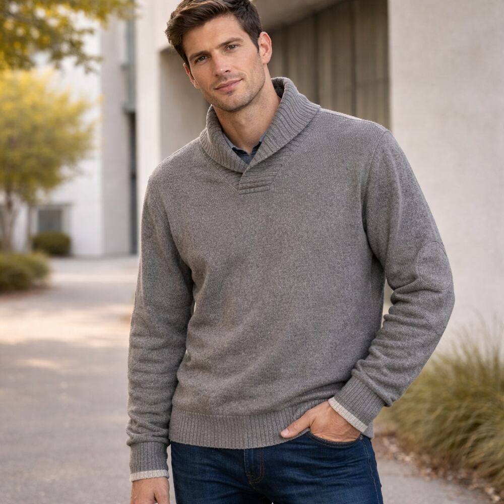 C22 Joseph Abboud Men’s Collar Sweater Wool Blend Elbow Patch Gray XL